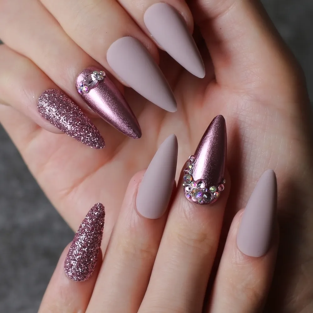 Stiletto Nude Rose Metal Crystal Maroon Acrylic Nails Coffin Full